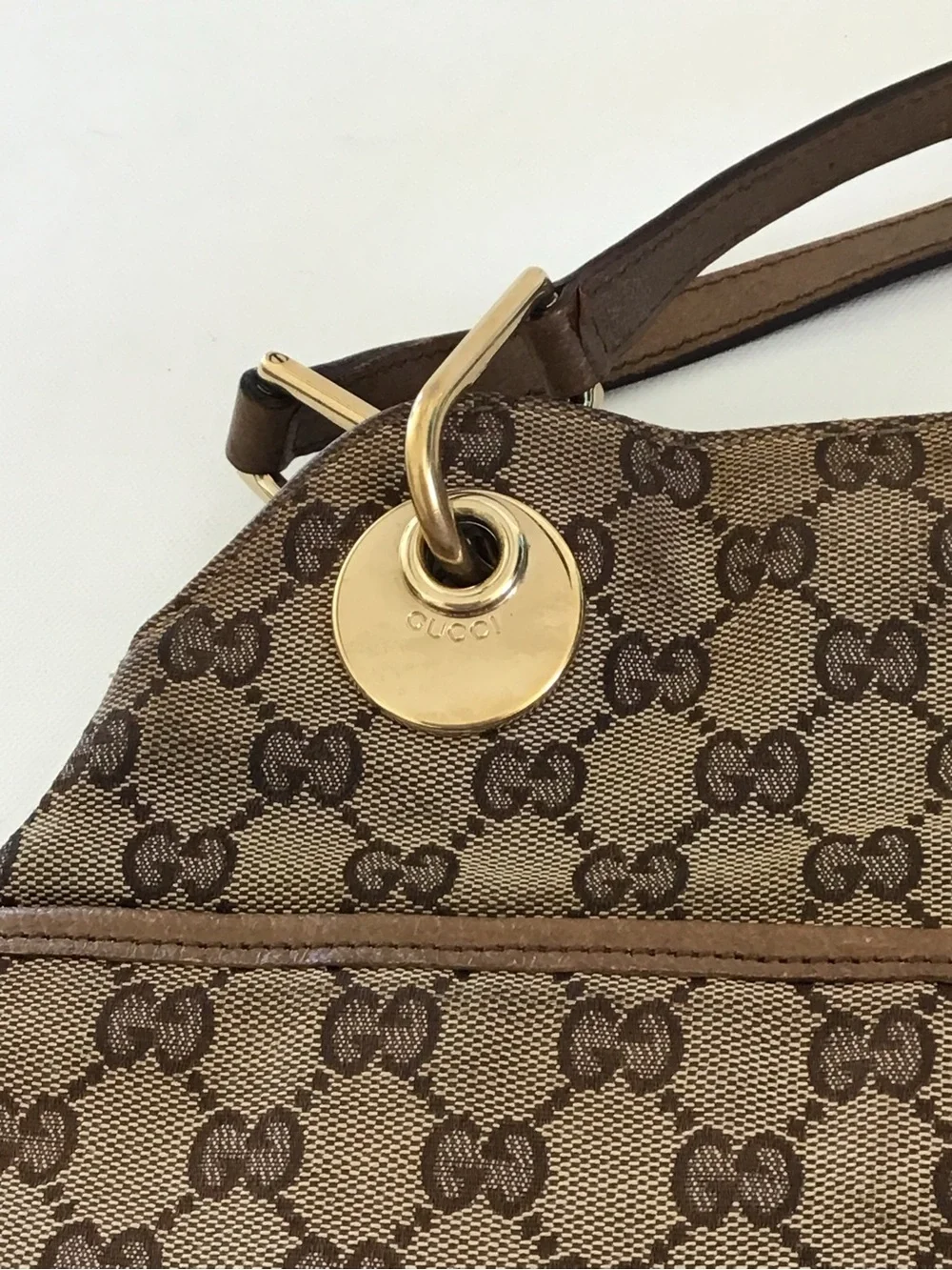 Gucci GG Canvas Eclipse Shoulder Bag Beige Brown Monogram Leather Trim Italy - Picture 6 of 15